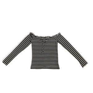 Long Sleeve Striped Lace-Up Off-The-Shoulder Top